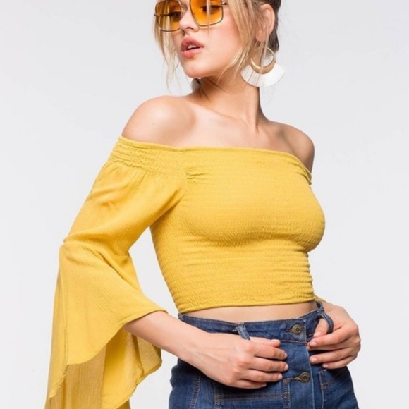 Love Tree Tops - NEW Love Tree Smocked Off-Shoulder Bell Sleeve Top in Yellow